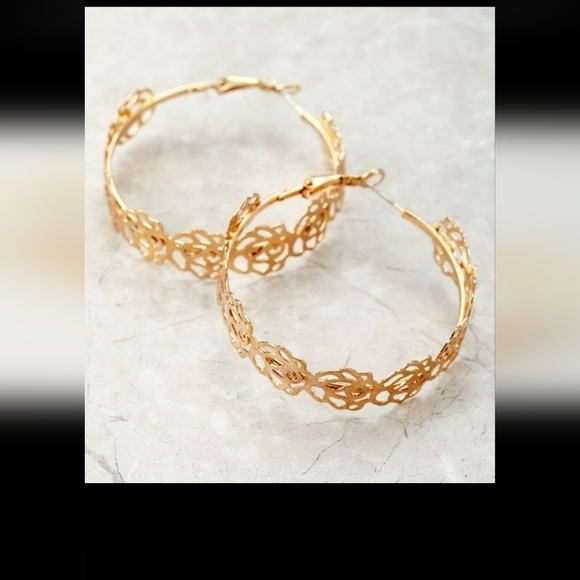 Women's Gold-tone Rose Filigree Hoop Earring - Picture 3 of 3